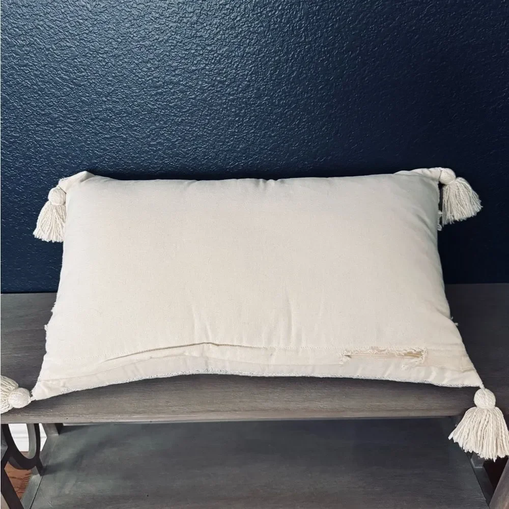 Boho Cream Gray Tassel Modern Farmhouse Rectangular Throw Pillow